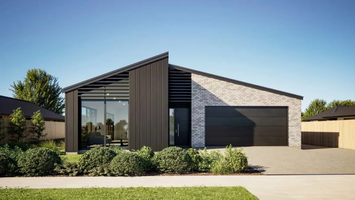 The Bellgrove, a single-storey Fowler Homes plan with a raking roofline, dark cladding and double garage
