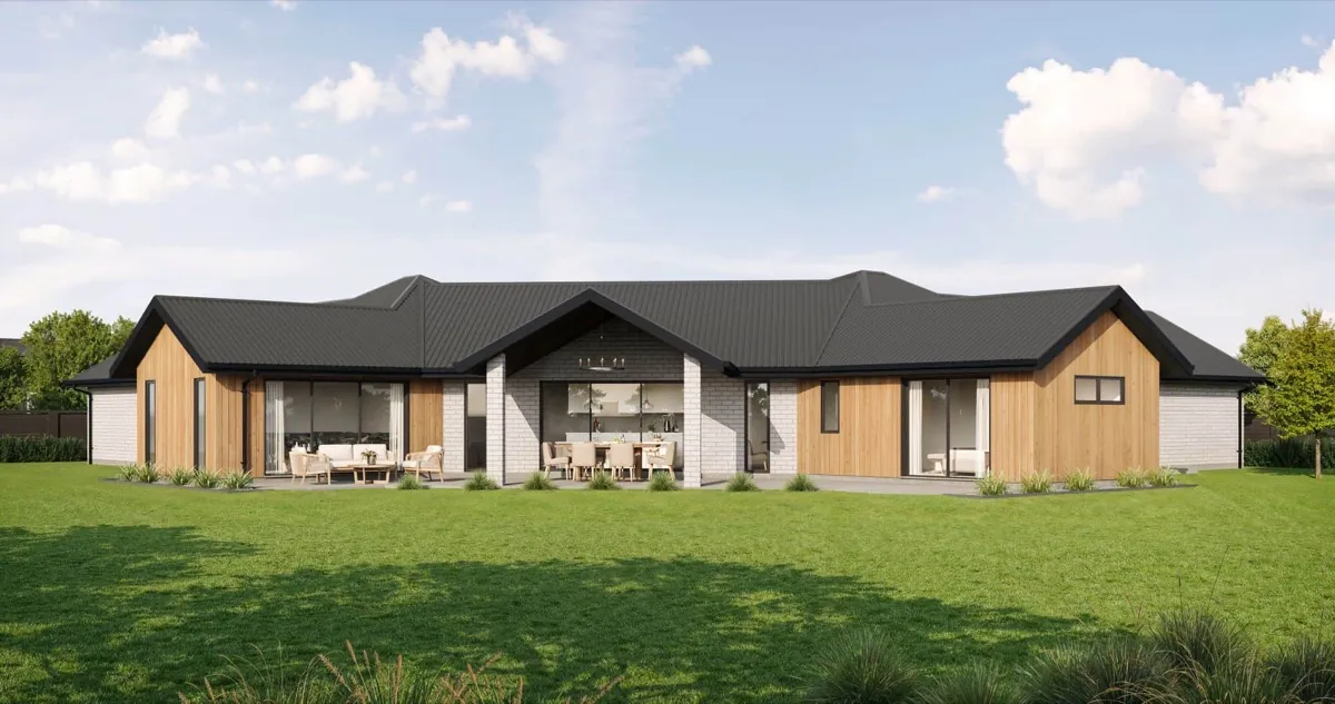 The Maruawai, a wide single-storey Fowler Homes plan with a central gable and covered outdoor living