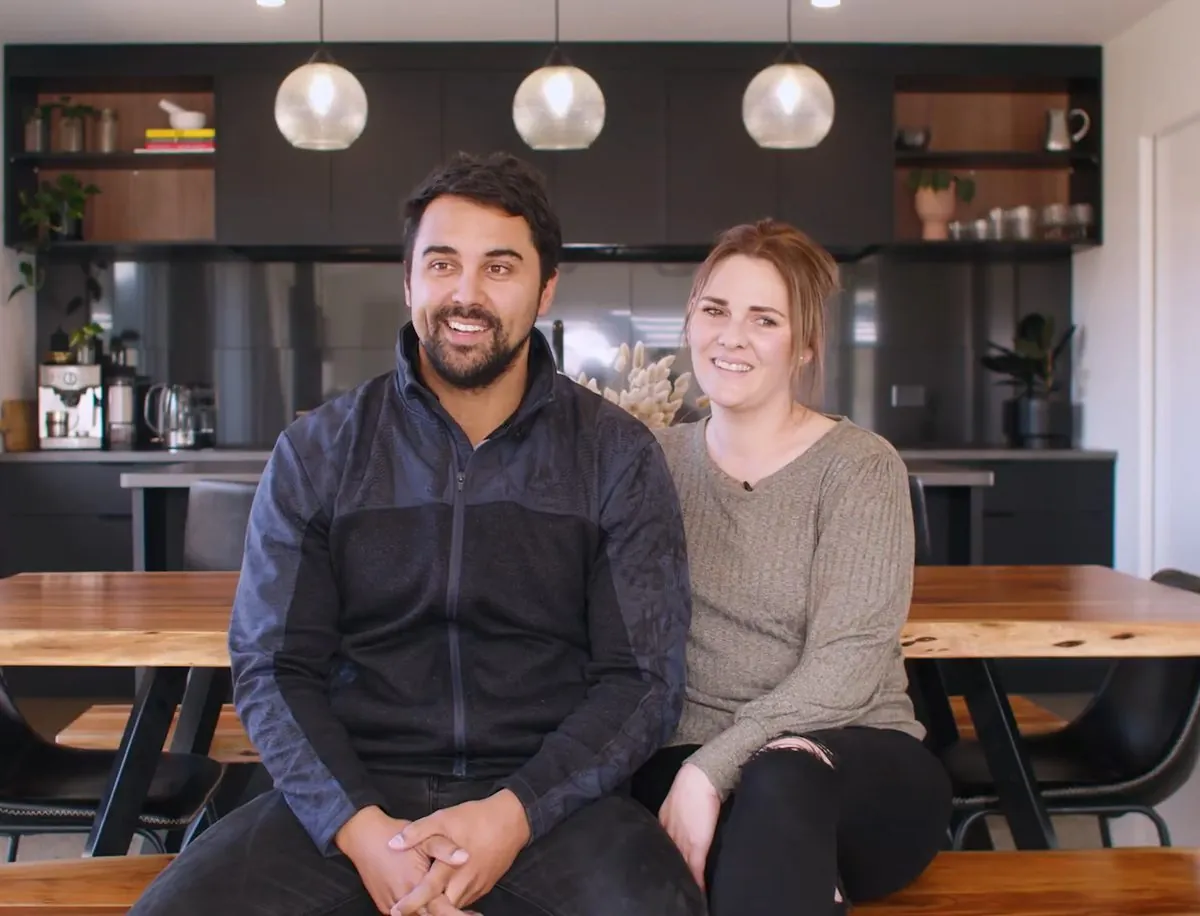 Adam and Sarah Rapson in the kitchen of their new Fowler Homes build in Manawatu
