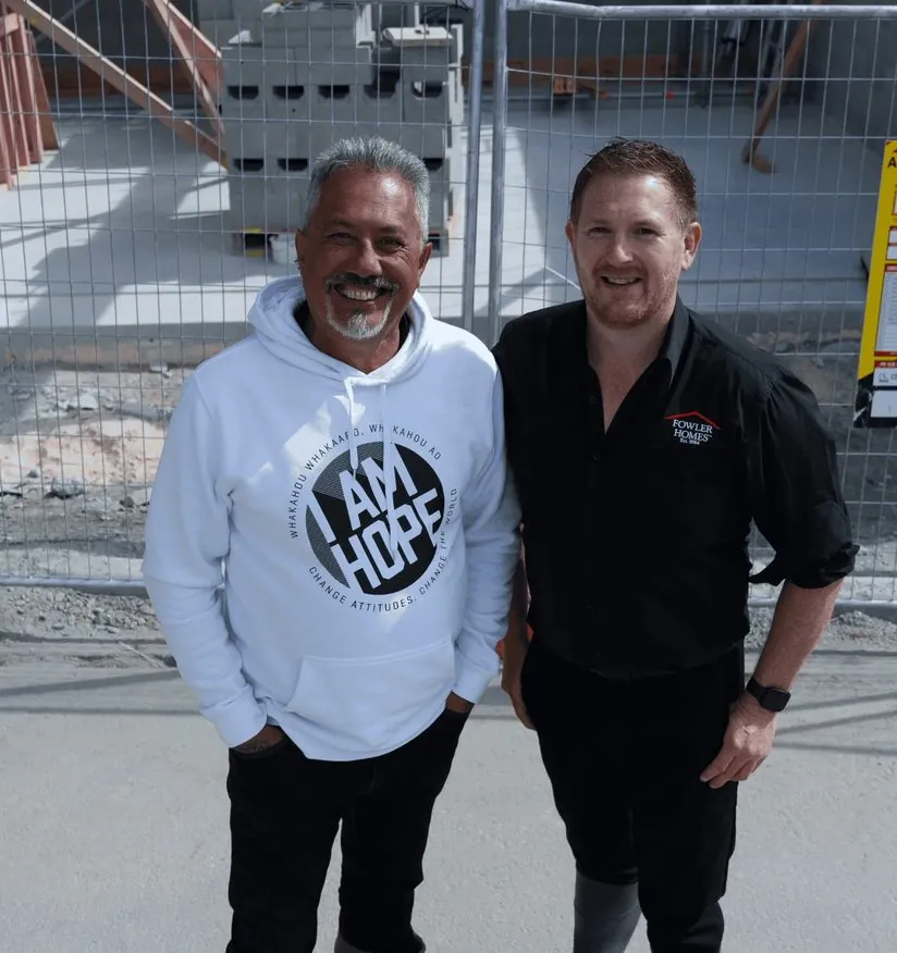 Mike King and Fowler Homes' Jason McGirr on site at the Hope Home build